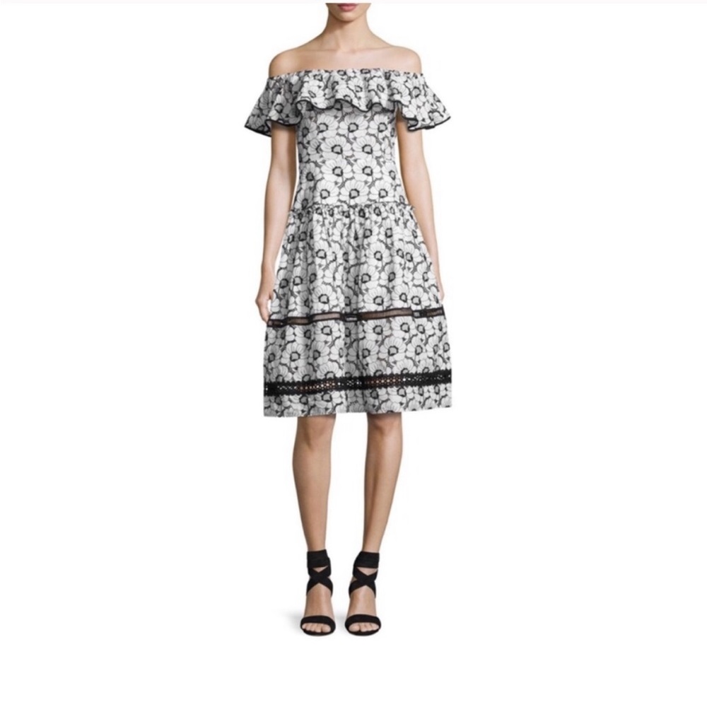 Nicholas Camillia Black and White Off Shoulder Ruffle Dress Sz 8